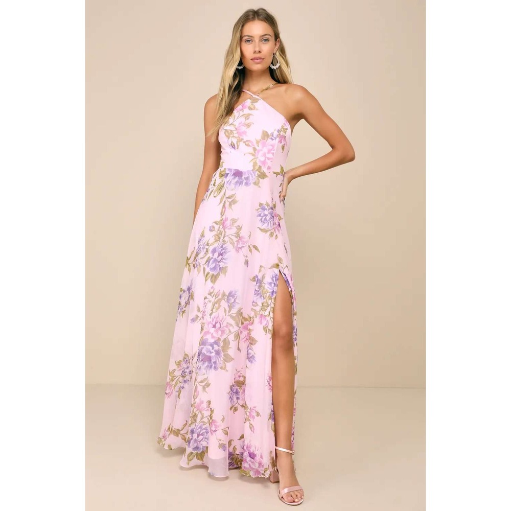 Lulus Romantic Marvel Light Pink Floral Print‎ Halter Neck Maxi Dress Size Small